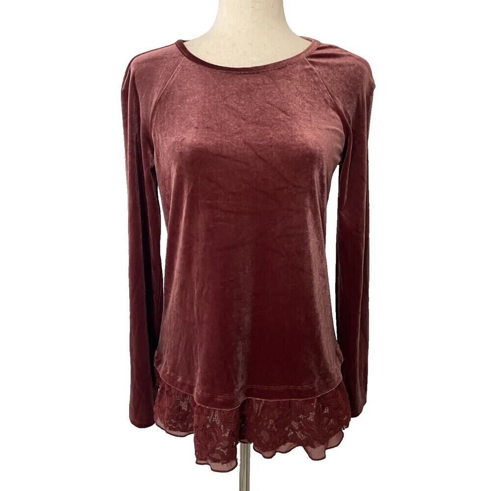 Sundance Womens Velvet Lace Trim Long Sleeve Top Size Small Burgundy Wine Boho - Picture 2 of 7